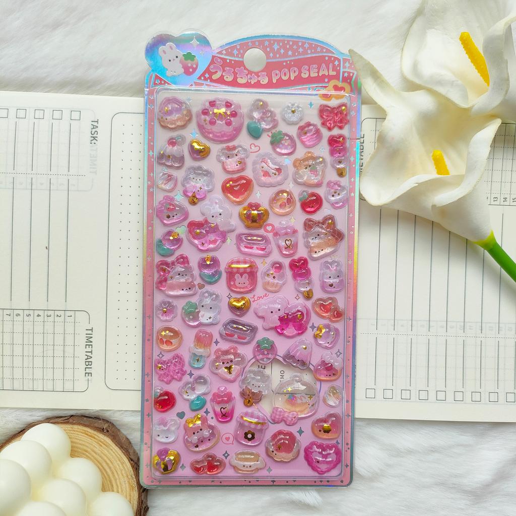 Kids 3D Crystal Relief Stickers - Cute Ghost Bird Strawberry Rabbit Penguin Decals Waterproof for Kpop Photocard DIY Decor Gifts