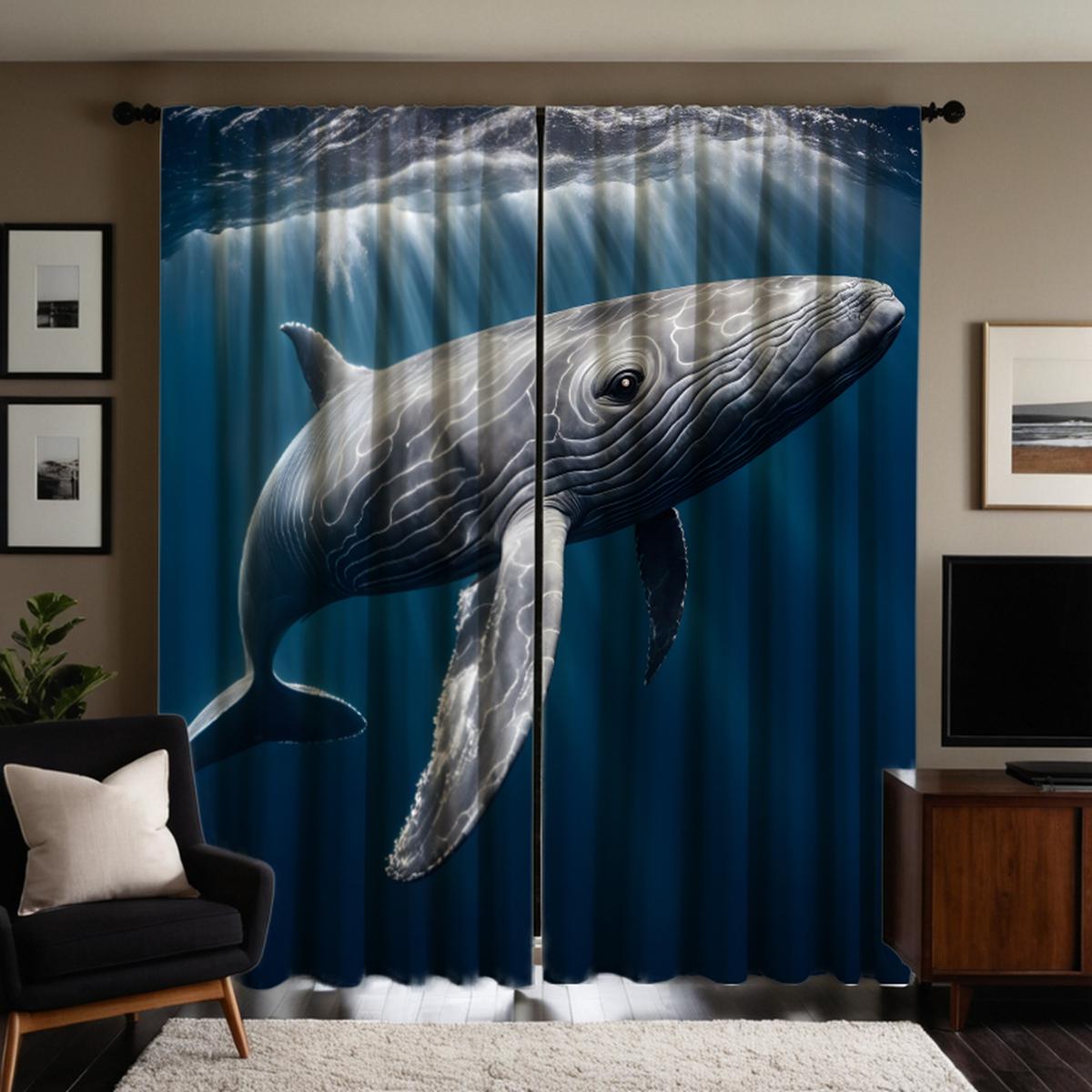 

2 шт. HD глубоководный кит декоративная занавеска с синей завязкой цифровая печатная занавеска украшение для дома стиль украшение гостиная спальня W52H63inchW132H160cm