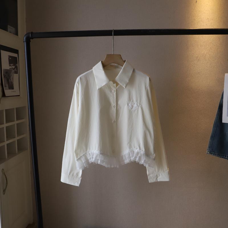 

[Bi Zheng] 2025 Spring/Summer Heart Patchwork Lace Long Sleeve Shirt for Women - Korean Style Fashion One Size абрикосовый