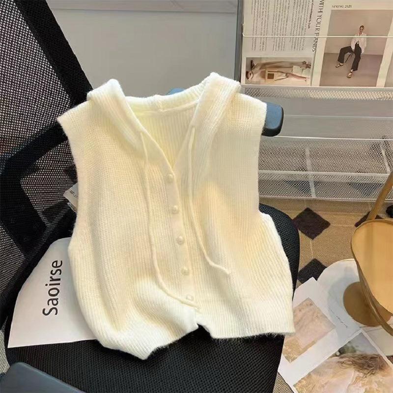 Spring and Autumn Casual Style Drawstring Hoodie Knitted Waistcoat Tank Top Stacked Solid Color Simple Women Sense of Loose Vest
