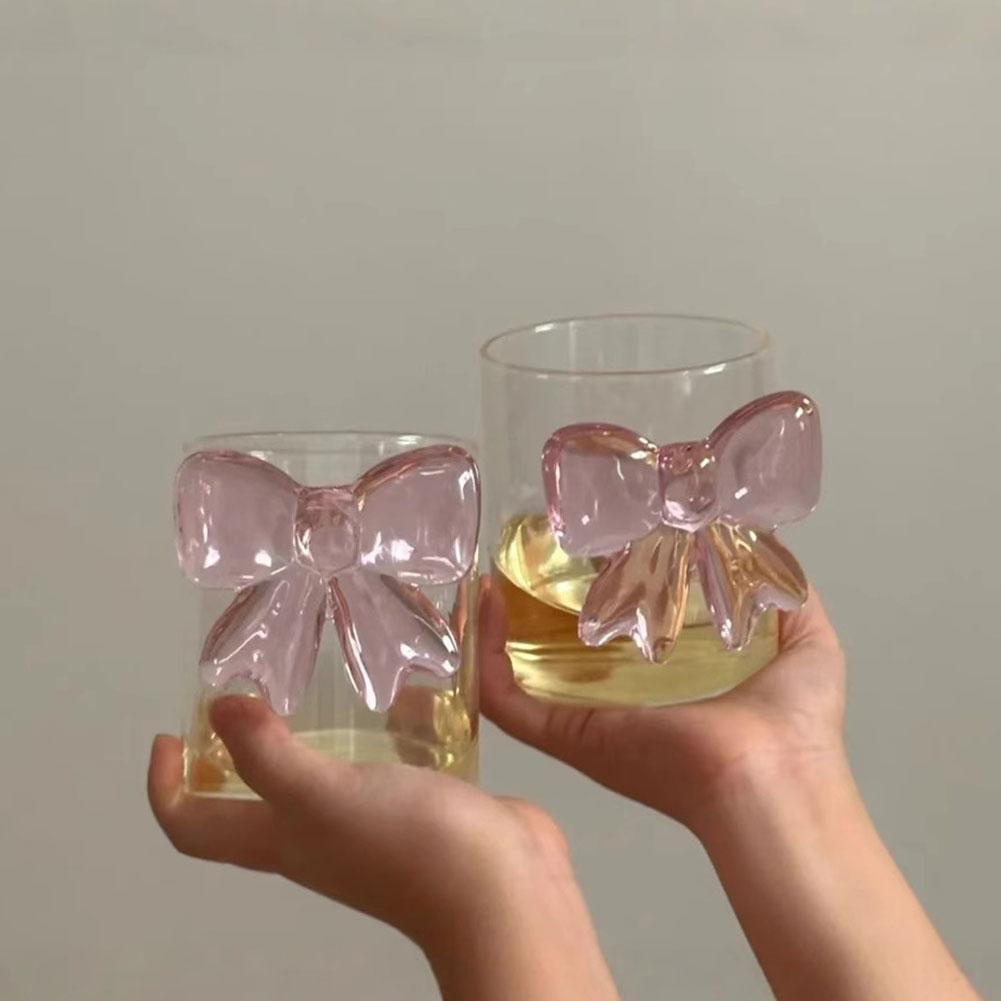 1 Piece Ceative Transparent Glass Cup with Pink Bow Lovely Girl Cute Mug Glass Decor For Bestie N9I3