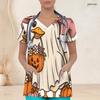 Women Plus Size Halloween Cartoon Duck Pumpkin Printed Scrub Top V Neck Short Sleeve With Front Pockets