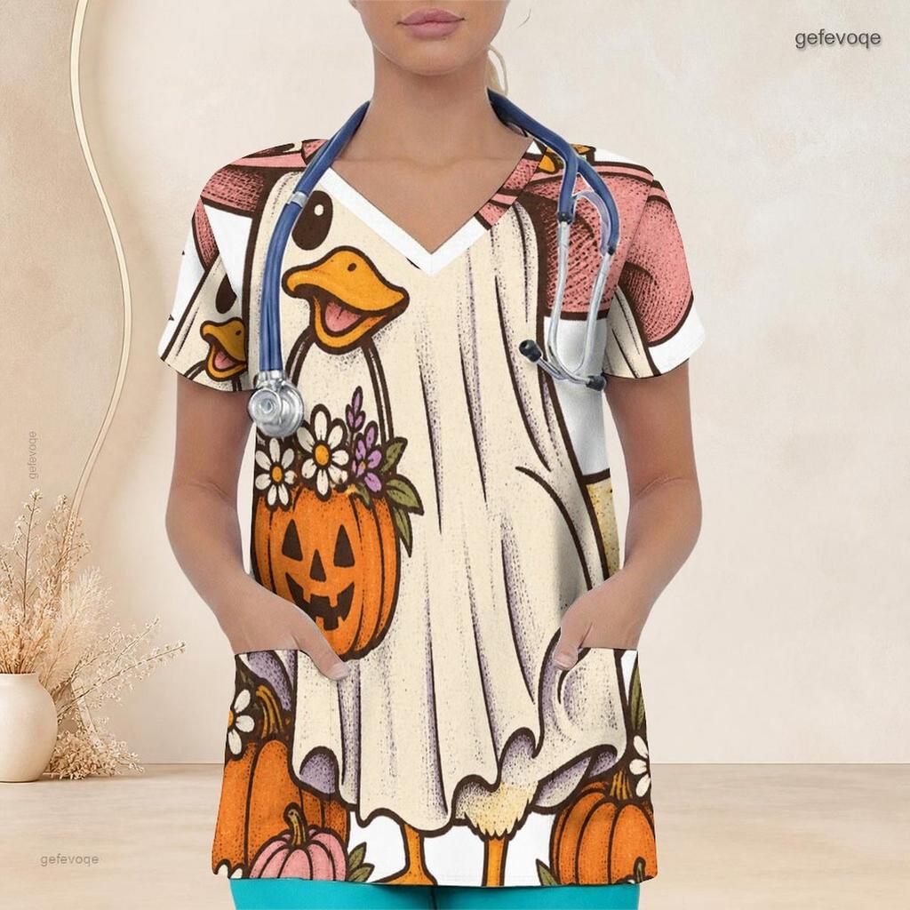 Women Plus Size Halloween Cartoon Duck Pumpkin Printed Scrub Top V Neck Short Sleeve With Front Pockets