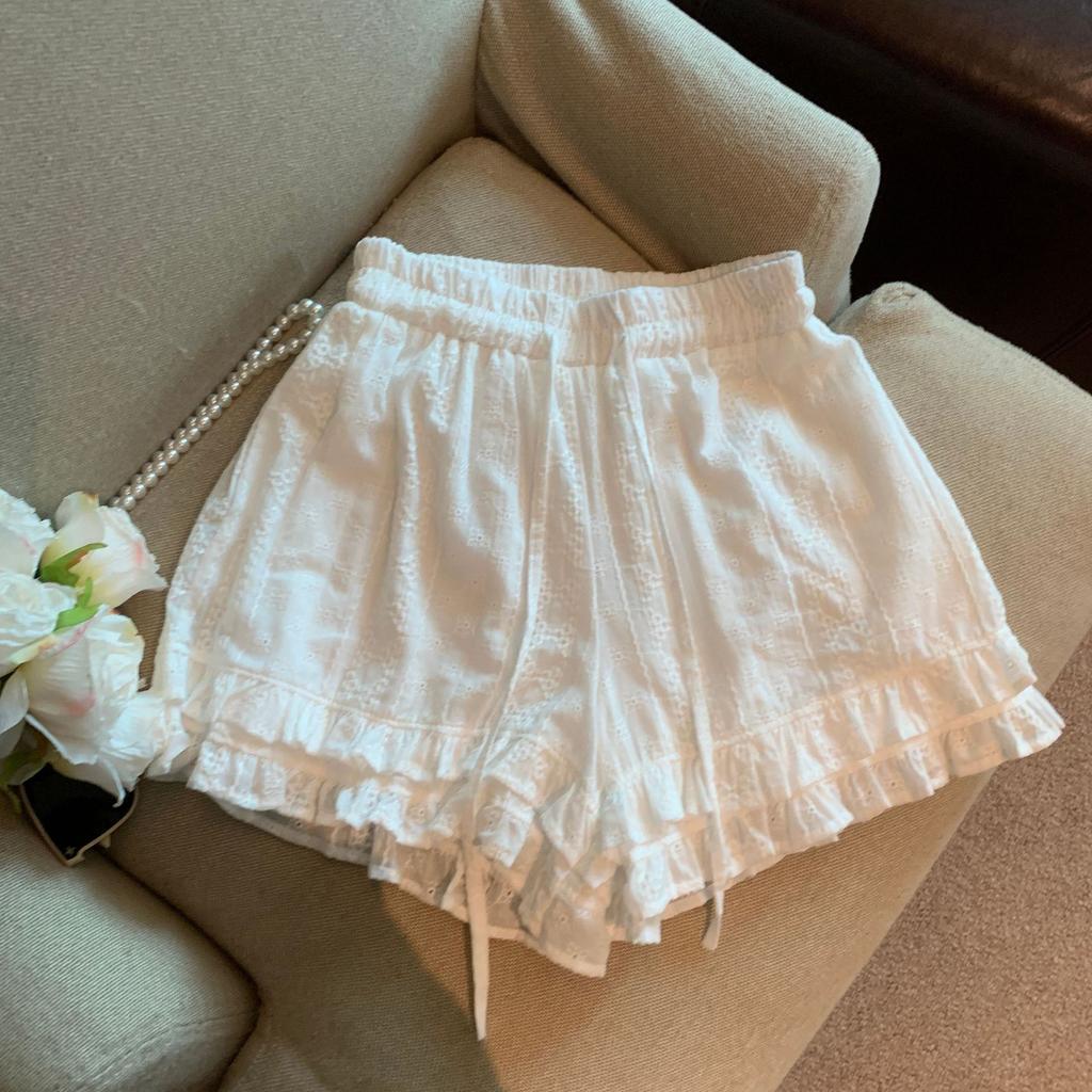 Women French Lace Ruffle Wide Leg Shorts 2025 Summer Loose Casual Elastic Waist A-line Hot Pants Bottoms