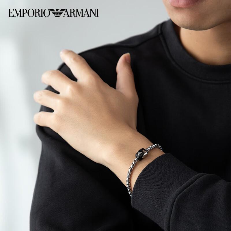 Emporio Armani Cuban chain black and silver double ring pendant men's bracelet Black Silver F Basic Packaging