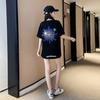 New Summer Style Gradient Snowflake Ironing Diamond Short-sleeved Round Neck T-shirt Women's Mid-length Loose Top