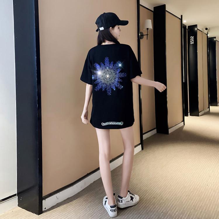 New Summer Style Gradient Snowflake Ironing Diamond Short-sleeved Round Neck T-shirt Women's Mid-length Loose Top