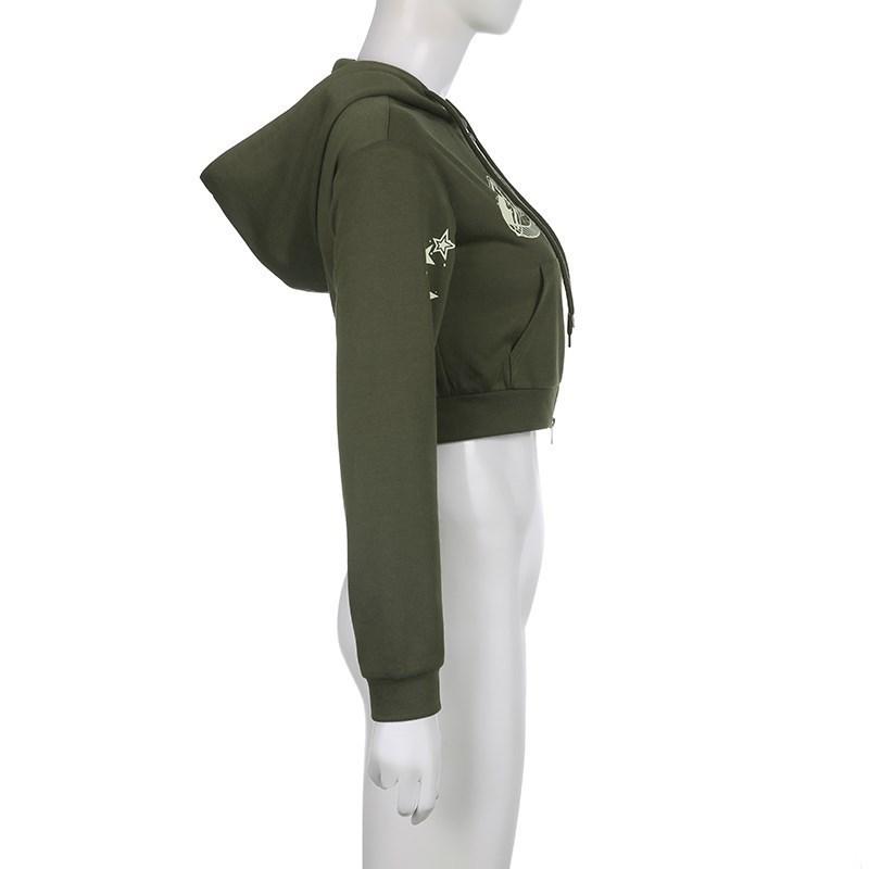 Roupa de Rua Estampa de Letra Estrela Feminina Punk Vintage Verde Zíper Y2K Moletom Curto de Manga Comprida