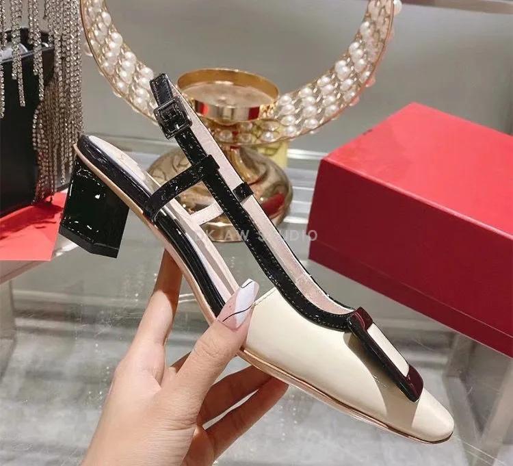 

Metal Square Buckle Women Sandals Patent Leather Thick Heel Square Toe Sandal Spring Casual Low Heel Back Strap Fashion Sandals 40