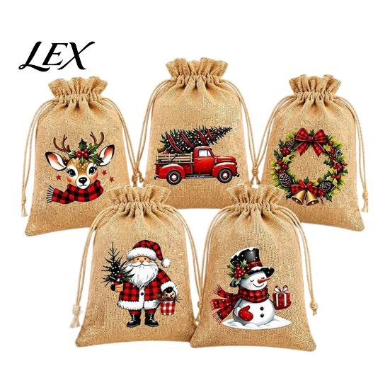 Small Fabric Gift Packaging Christmas Jute Burlap Bags, Drawstring Treat Candy Pouches Bag, Reusable Linen Pouch for Holiday Party Favors Decor