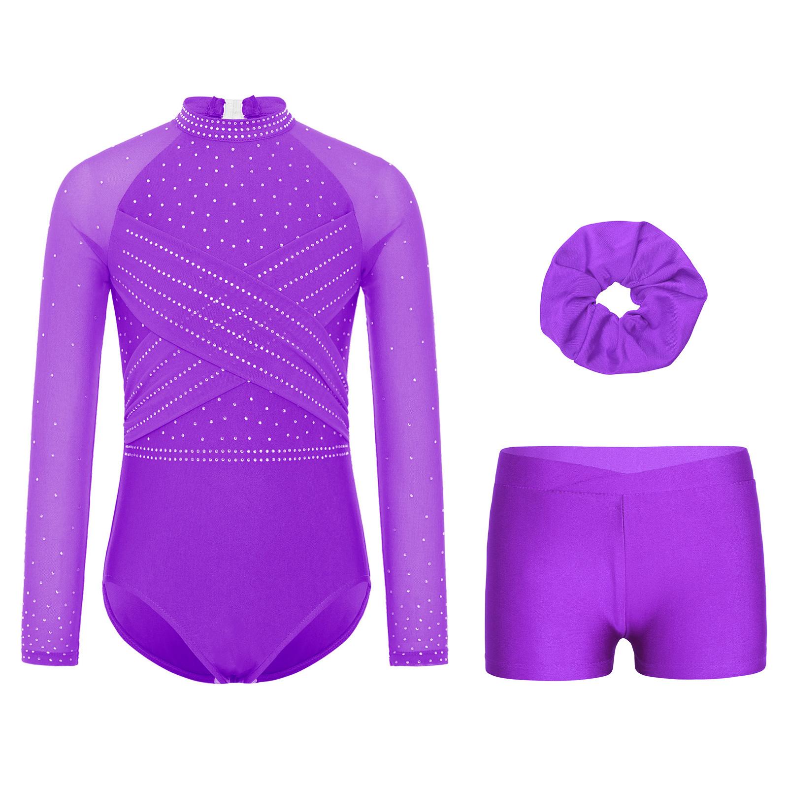 

Girls Mesh Long Sleeve Leotard Cross Front Cutout Back Rhinestones V Front Shorts Hair Band Gymnastics Outfit