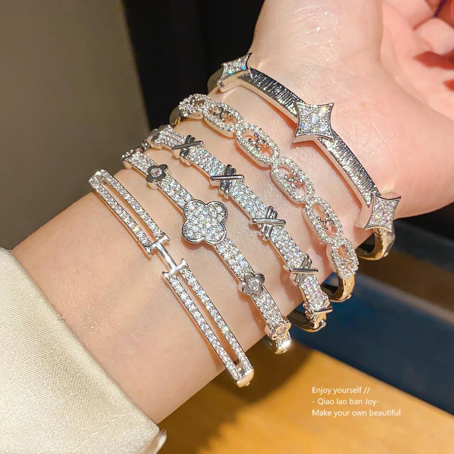 Geometric Zircon Flower Letter Bracelet With Silver Copper Hand Jewelry For Women