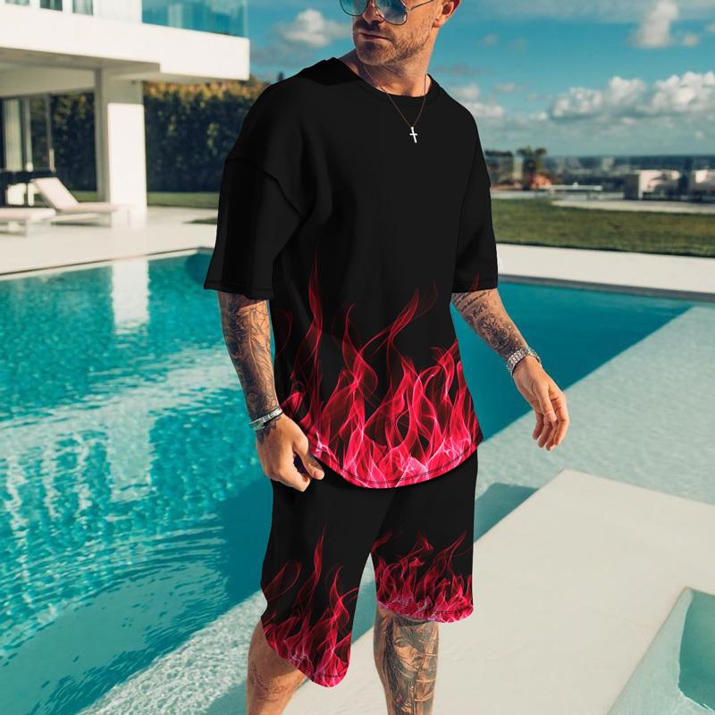 Männer Sets Kausalen Rundhals Flamme Drucken T-shirt Shorts Sport Lauf Anzug männer Shirts Trainingsanzüge Kurzarm Sportswear Mann