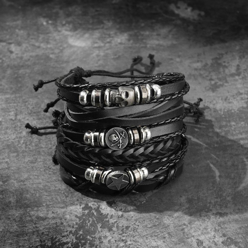 Pulseira de couro pirata caveira padrão estrela tecido metal rock joias para festa