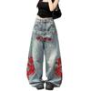 Unisex Streetwear Weite Jeans mit chinesischer Drachenstickerei Doppelbund-Design