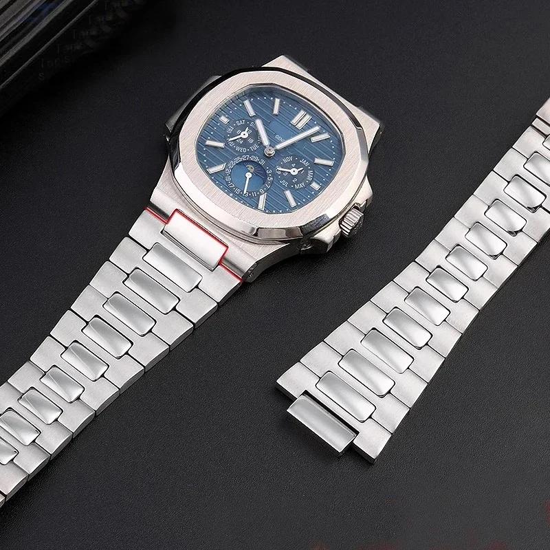 Convex Silver Stainless Steel Watchband 25x13mm Solid Links Bracelet Fit For Patek Philipp Nautilus 5711 5726 Watch Strap