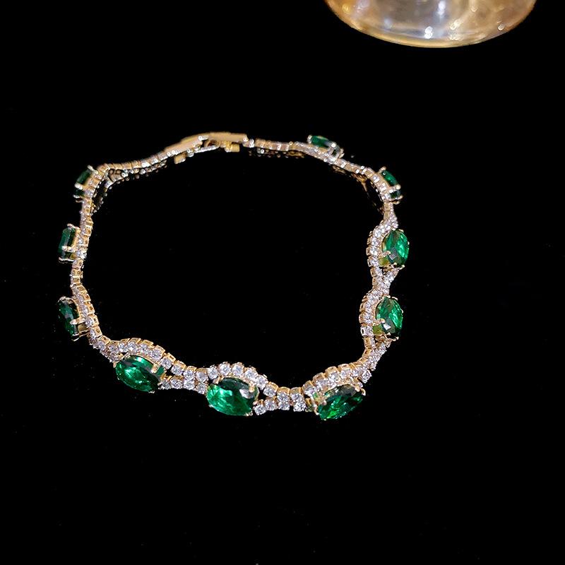 Luxury Green Rhinestone Crystal Bracelet Gold Color Link Chain Bracelets For Women Vintage Party Wedding Bridal Jewelry Gifts