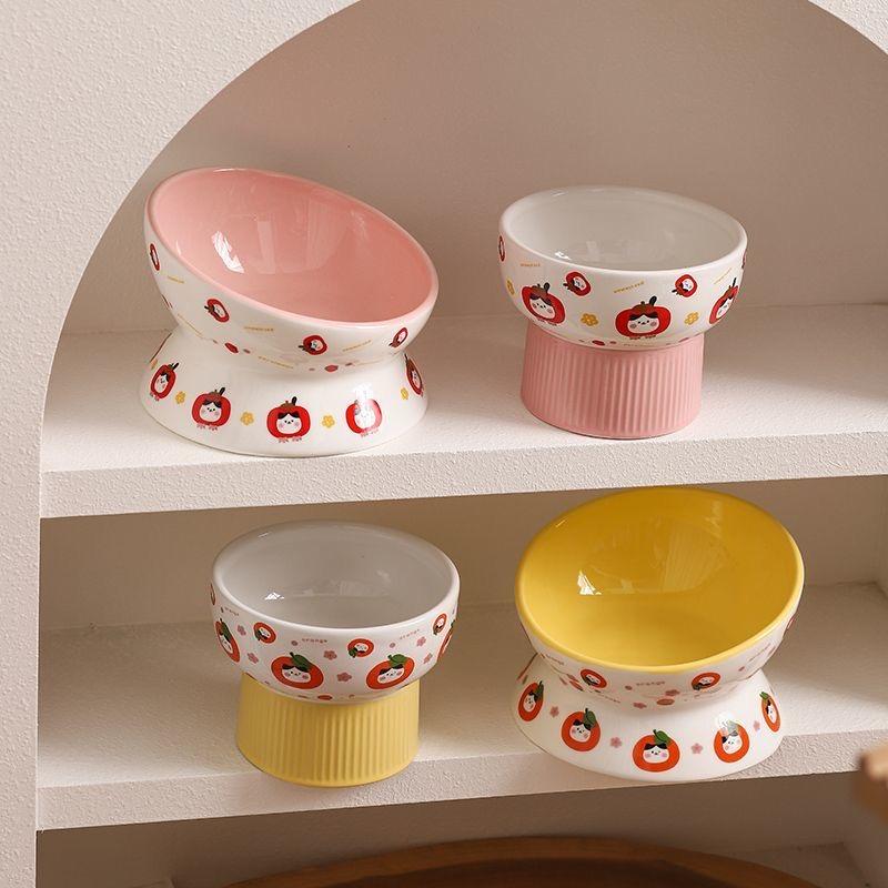 Creative Ceramic Drinking Water Food Tall Footed Bowls, Anti Overturning Neck Protection, Large Caliber, Cat Bowl, Supplies, 1Pc