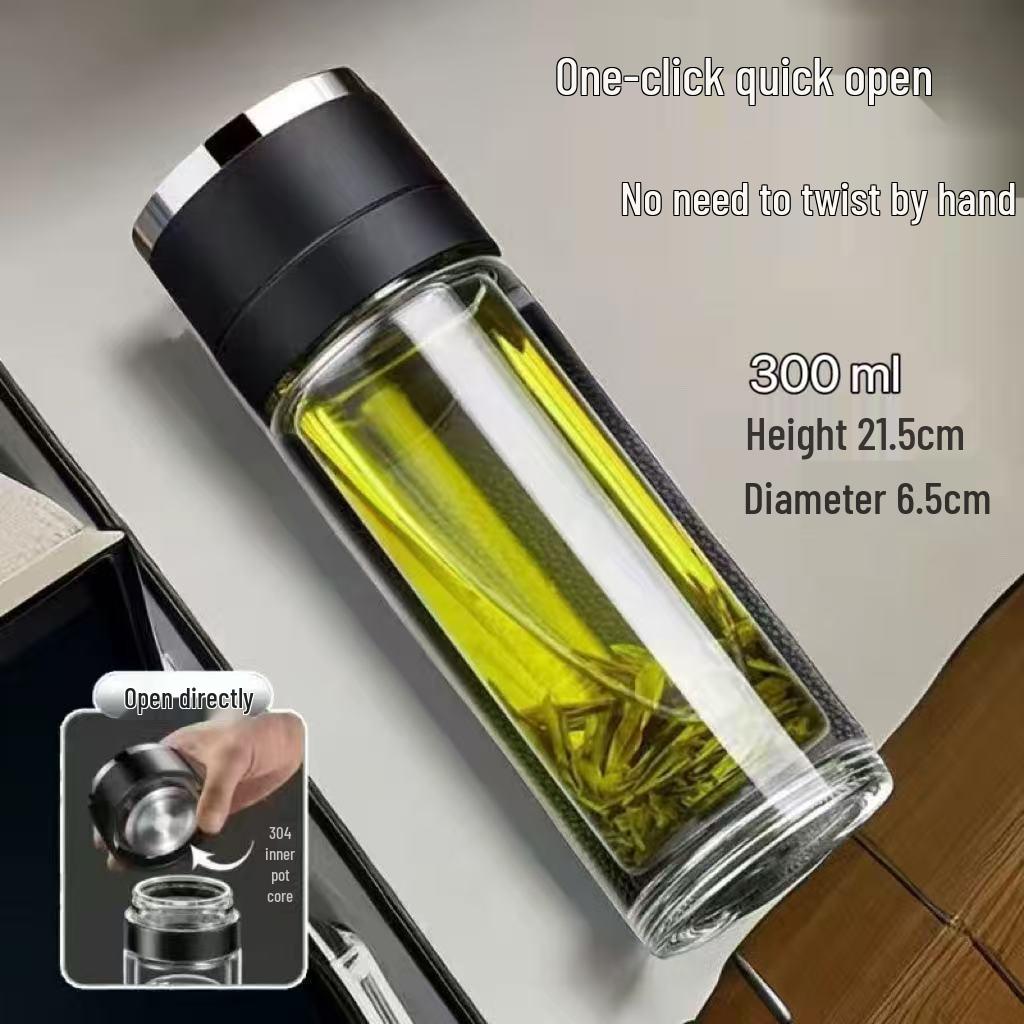Portable Explosion-Proof Double-Layer Glass Cup with One-Button Open Lid for Tea Brewing - Insulated for Men and Women On Business Trips