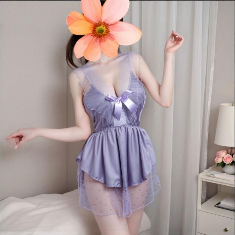 Pure Desire Style Satin Slip Nightdress Sexy Backless Lace Bow Polka Dot Lingerie Women