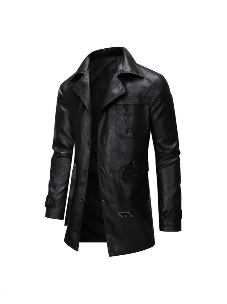 New European size men's mid-length leather trench coat, suit collar, leather jacket, casual trendy belt jacket for men