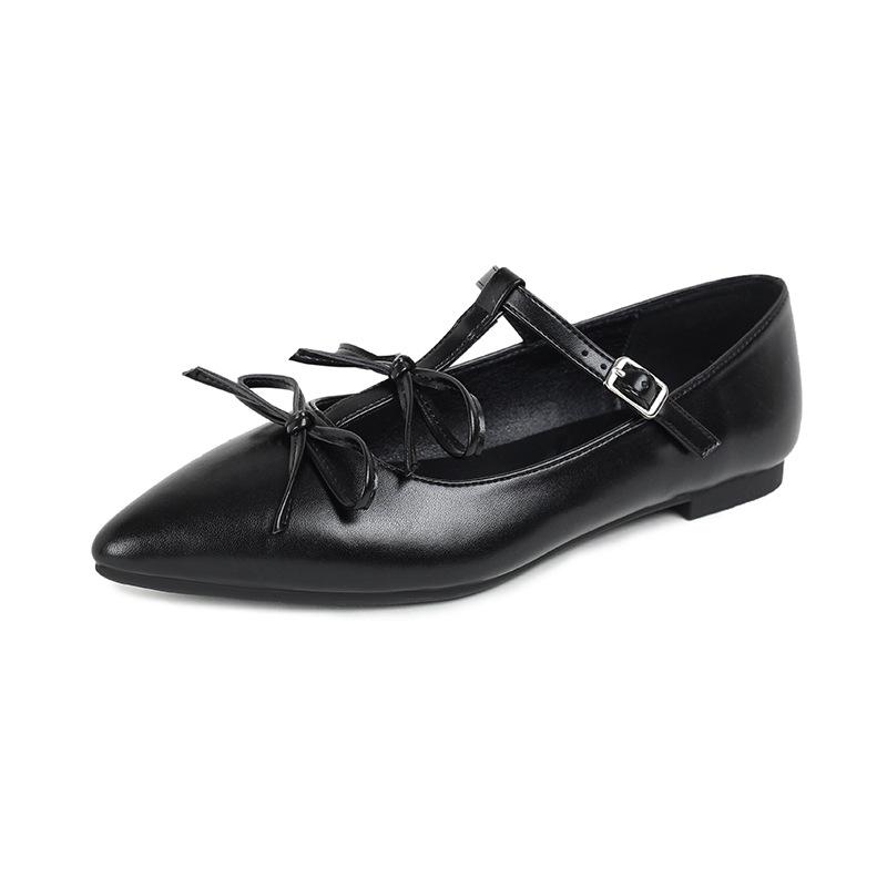 Fashion Pointed Toe Double Bowtie Flat Shoes Woman Silver Leather Ballet Flats Ankle Belt T-strap Moccasins Women Mary Janes Big Size 43