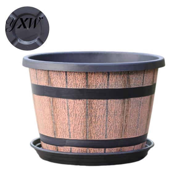 Large Plastic Flowerpot for Plants Rustic Barrel Style Plant Pots with Built-In Drainage Holes 8" Brown Plastic-Inspired Wood Finish Planter