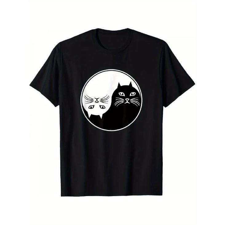 Men s Yin-Yang Cat Graphic T-Shirt – Soft Cotton, Short Sleeve, Round Neck, Black & White Cat Design, Casual Summer Tee for Cat Lovers, Casual S чёрный