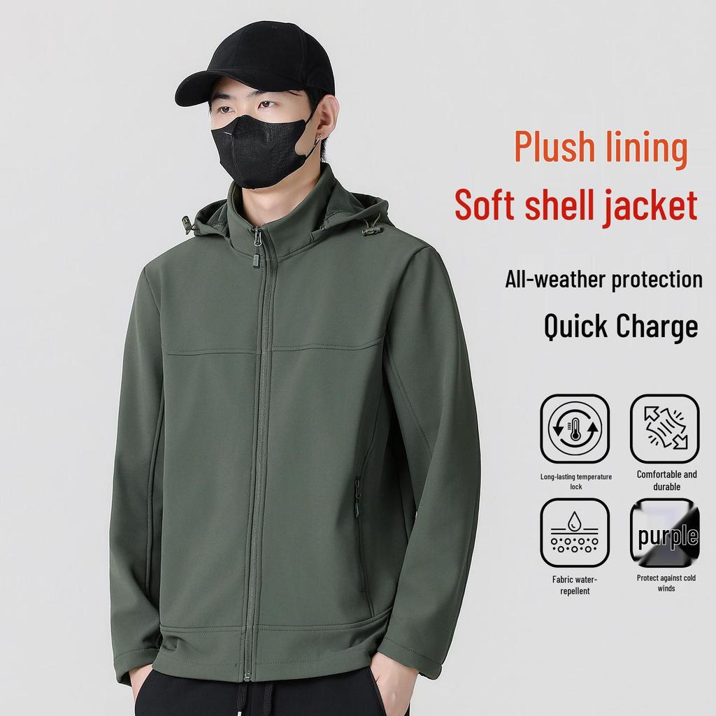 Men's Winter Softshell Jacket with Detachable Hood, Fleece-Lined, Windproof, and Warm - Plus Size Available