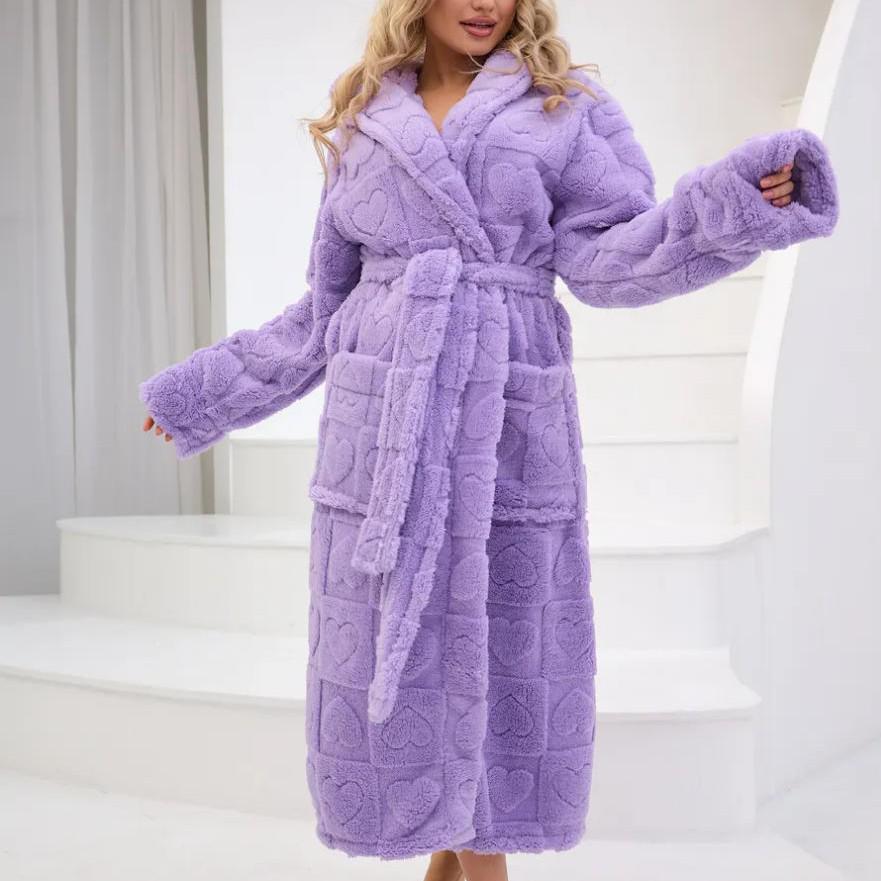 

Coral Velvet Plush Heart Jacquard Hooded Bathrobe with Belt and Pockets M