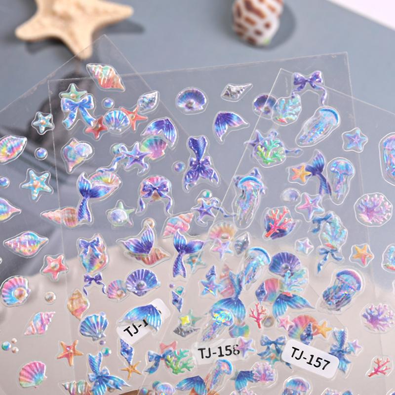 Cartoon Ocean Nail Art Stickers Relief 5D Summer Starfish Seashell Colour Nail Decals Decoration Accessories Diy