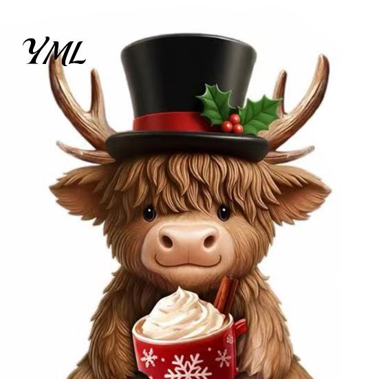 Decorative Highland Cattle Statue 2Pcs Christmas Cow Figurines, Resin Santa Reindeer Cow, with Hat, Seasonal Mantelpiece Ornaments Hot Cocoa,