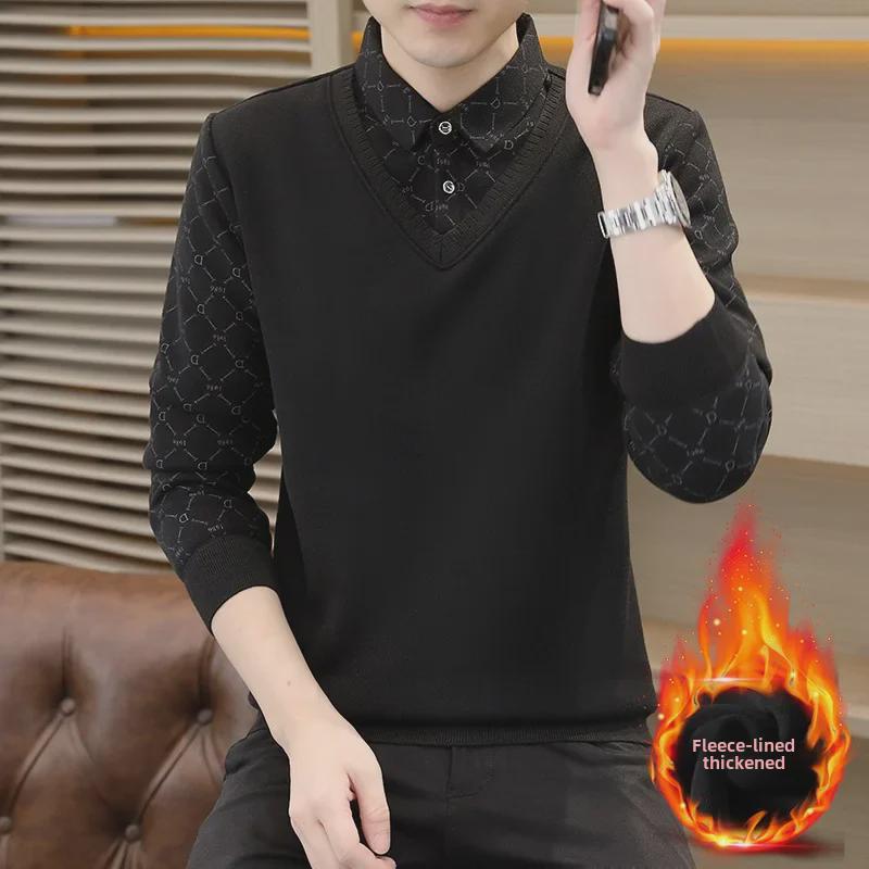 Men's Plush Velvet Sweater with Fake Two-Piece Shirt Collar