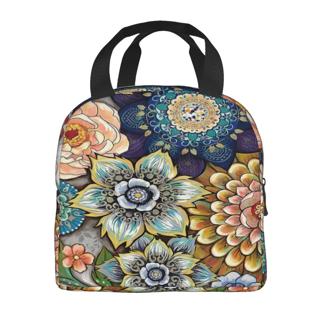Decorative Boho Floral Print Lunch Bags Insulated Bento Box Lunch Tote Leakproof Picnic Bags Thermal Bag for Woman Girl School