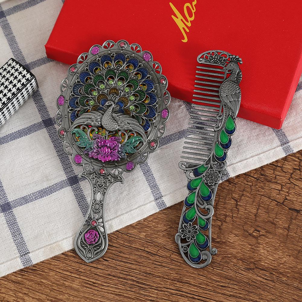 1set Vintage Peacock Makeup Mirror and Comb Women Portable Handheld Travel Vanity Mirror Elegant Retro Design