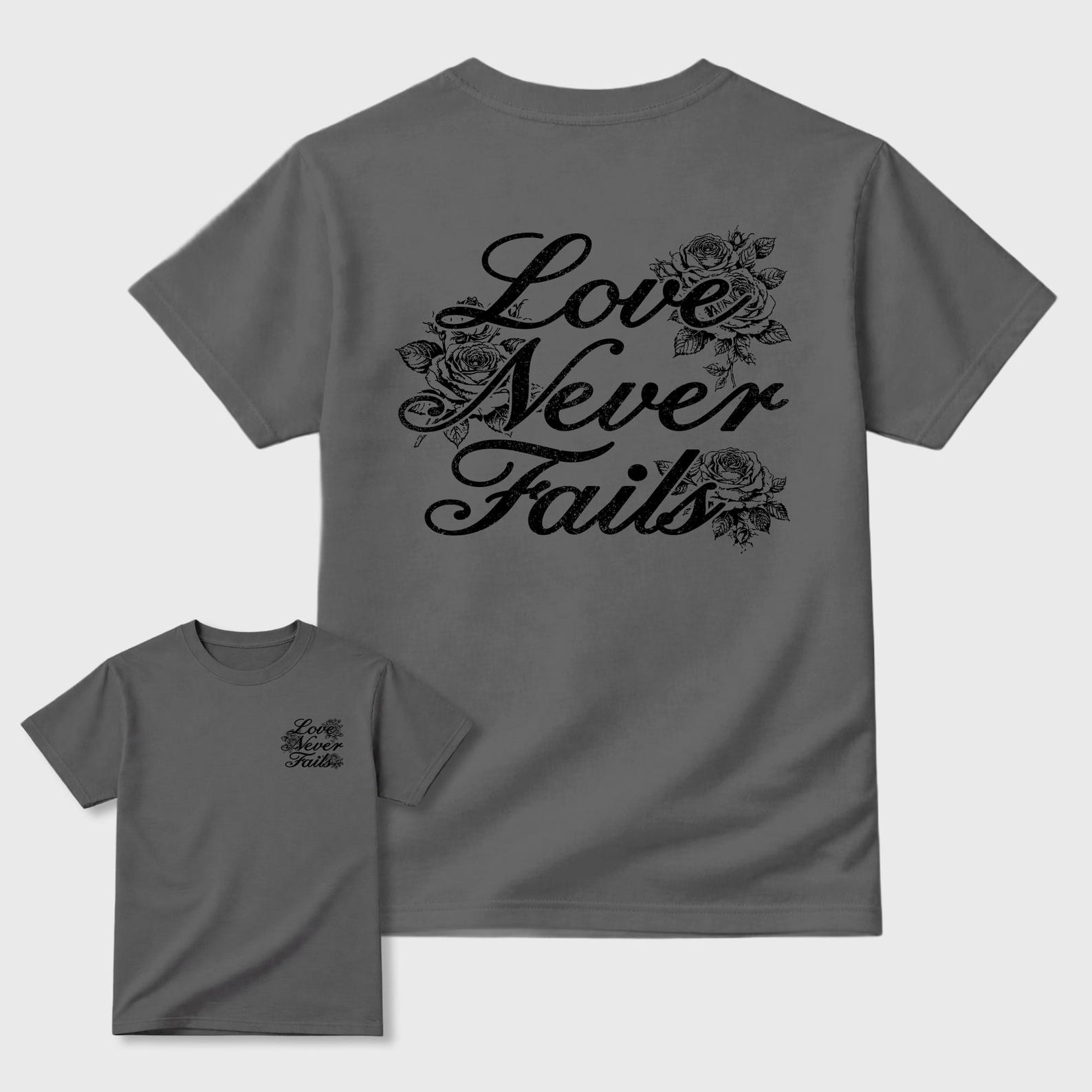 Love Never Fails graphic tee. Streetwear Brand Graphic T-Shirt. 6s Cap & Gown L