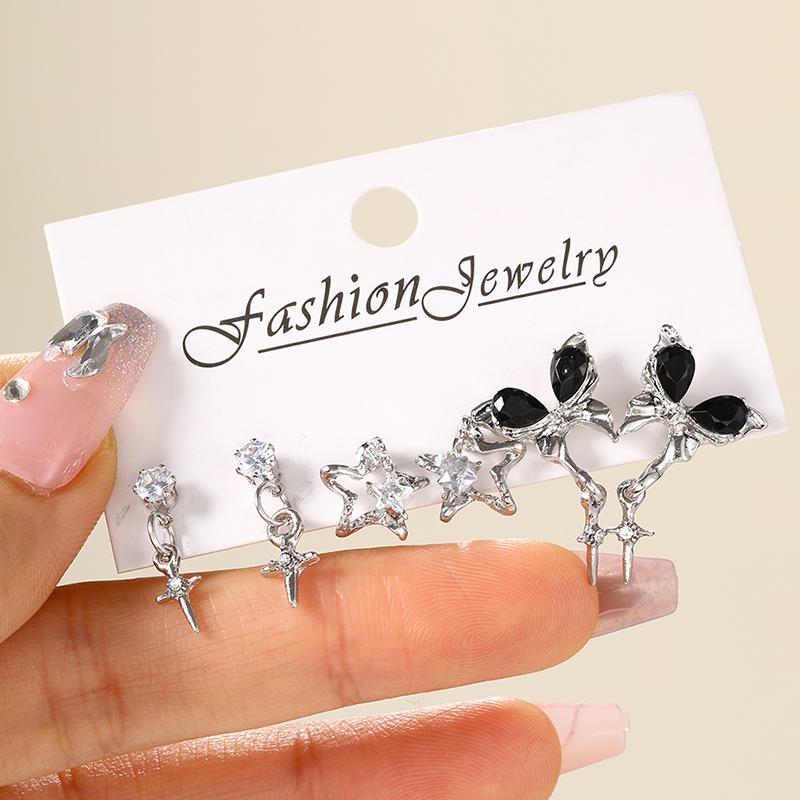 6 шт./комплект Y2k Сердце Звезда Пусеты Для Женщин Девушек Винтажные Неправильные Цирконы Бантик Блестящие Серьги Комплект Панк Модные Украшения Подарок