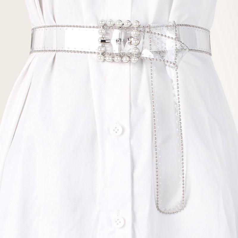 Faux Pearl Adjustable Pin Buckle Belt Dazzling Transparent Waistband Waist Corset for Women Students Slimming Belt