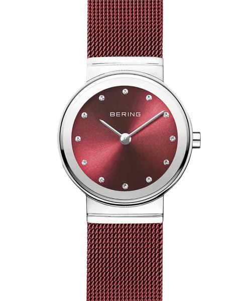 BERING Analog Quartz Classic Collection Watch Stainless Steel Strap Sapphire Crystal Red Mesh Belt x Silver Genuine Imported Product 3 Year Internal