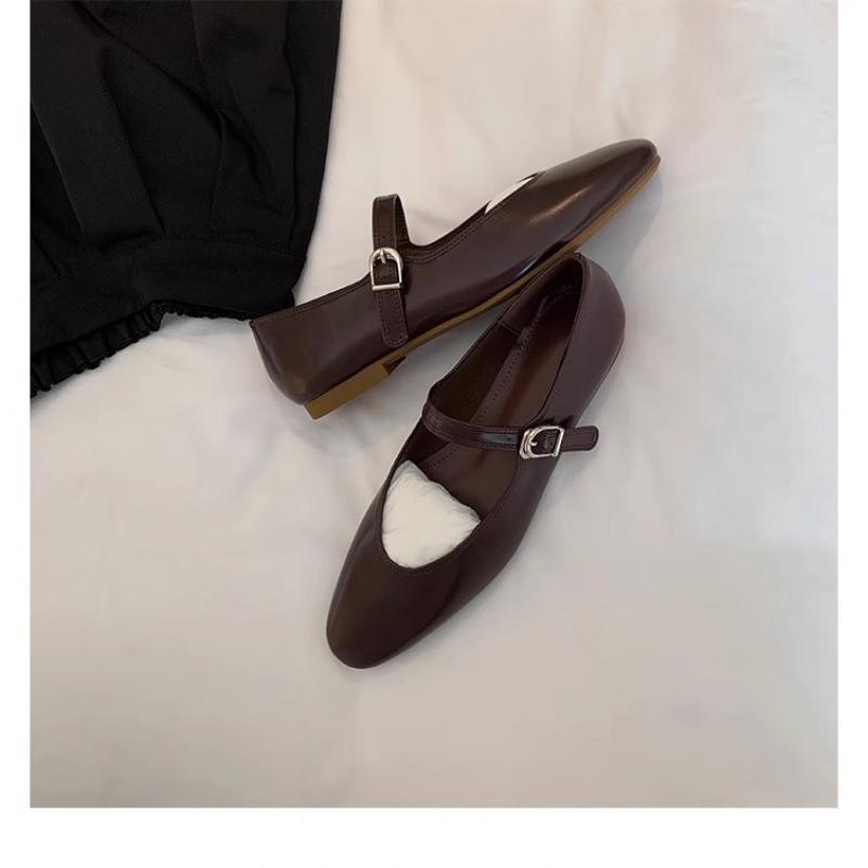 Leather French retro round head white Mary Jane women's shoes temperament shallow mouth versatile single shoes women's flat bottom