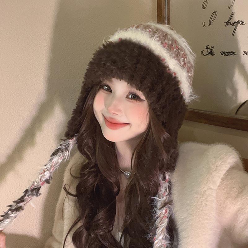Cappello di Lana Carino con Orecchie d'Orso Giapponese per Donna in Autunno e Inverno Nuovo Caldo Cappello a Maglia che Mostra il Viso Protezione per Collo e Orecchie Cappello