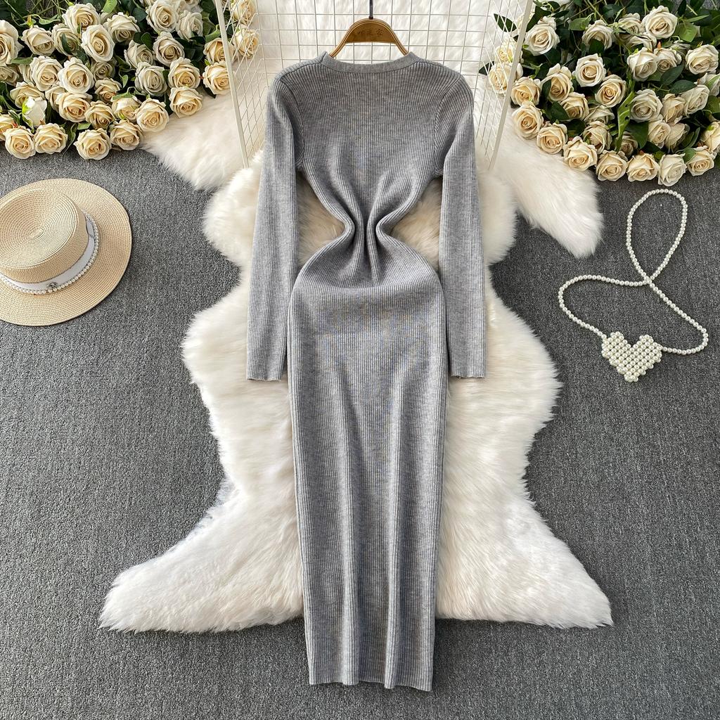 Jesień Wiosna Kobiety Elegancki Sweter Dzianinowy z Dekoltem w Serek Jednorzędowy Długie Sukienki Midi z Rozcięciem