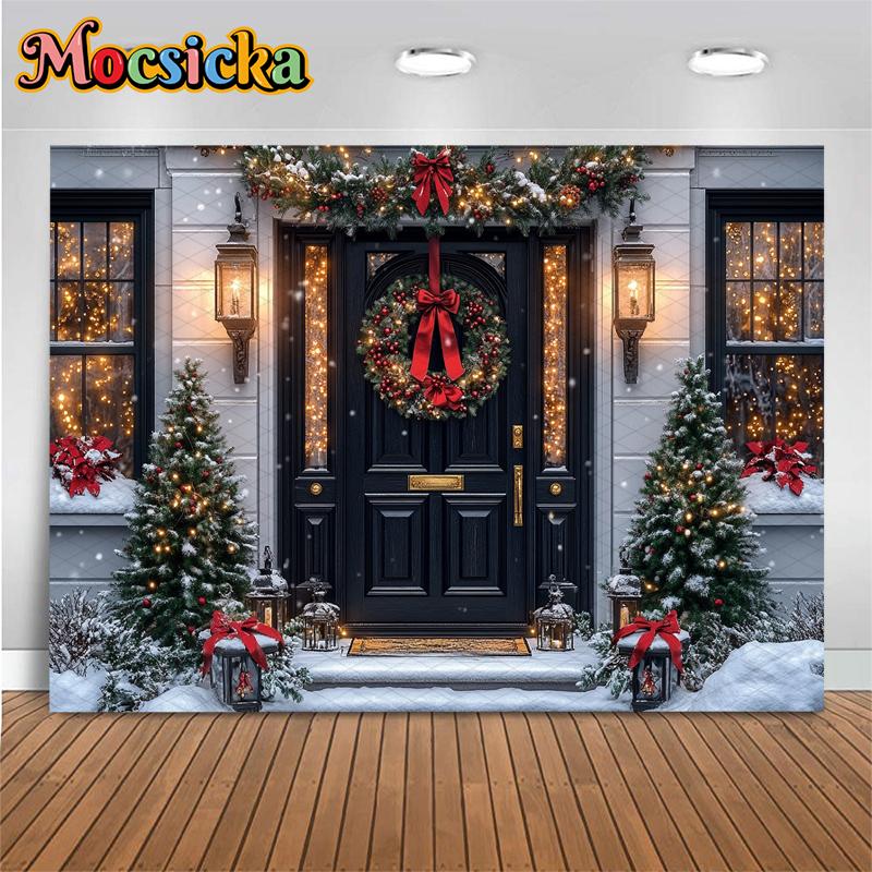Mocsicka New Year Party Backgrounds Christmas Tree Winter Snowflake Black Door Decorations Family Festival Photography Backdrops