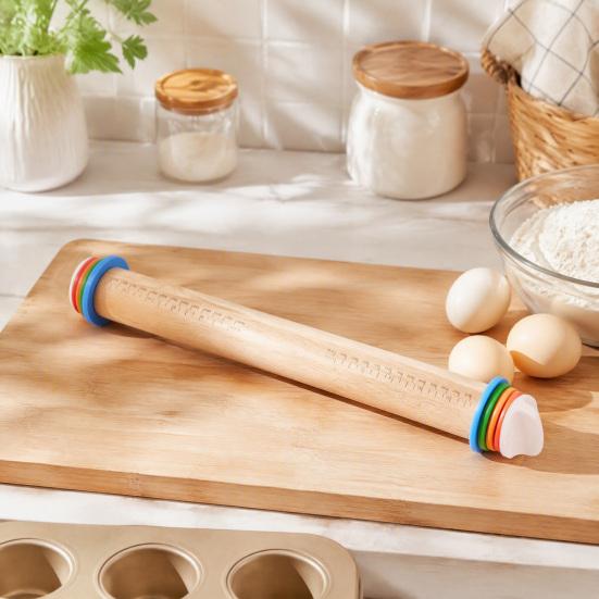 Easy to Clean Rolling Tool for Cookies Pin with Thickness Rings, Ergonomic Measurement Markings Kitchen Tool, Rust Resistant Metal Dough Non-Stick