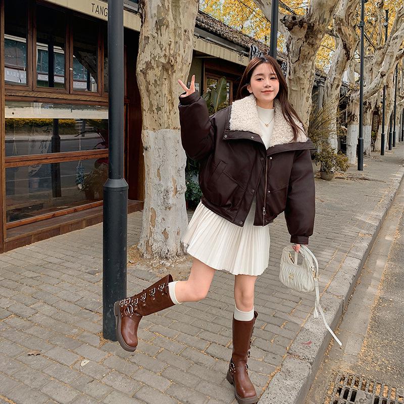 Women's Winter Lambswool Lapel Leather Jacket - Thick, Warm, College Style, Wash-Free Cotton.
