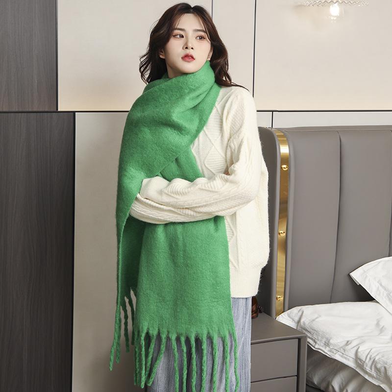 Men's and Women's Thick Woolen Scarf: Solid Color Knitted, Warm, Tassel-Edged, Imitation Cashmere for Winter