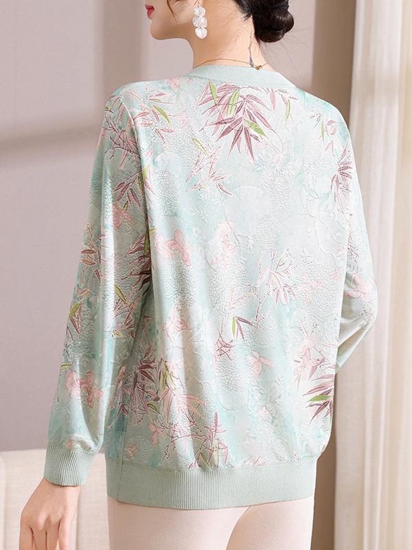 Elegant Long Sleeve Chinese Style T-Shirt for Middle-Aged and Elderly Women - Spring Patterned Elastic Top