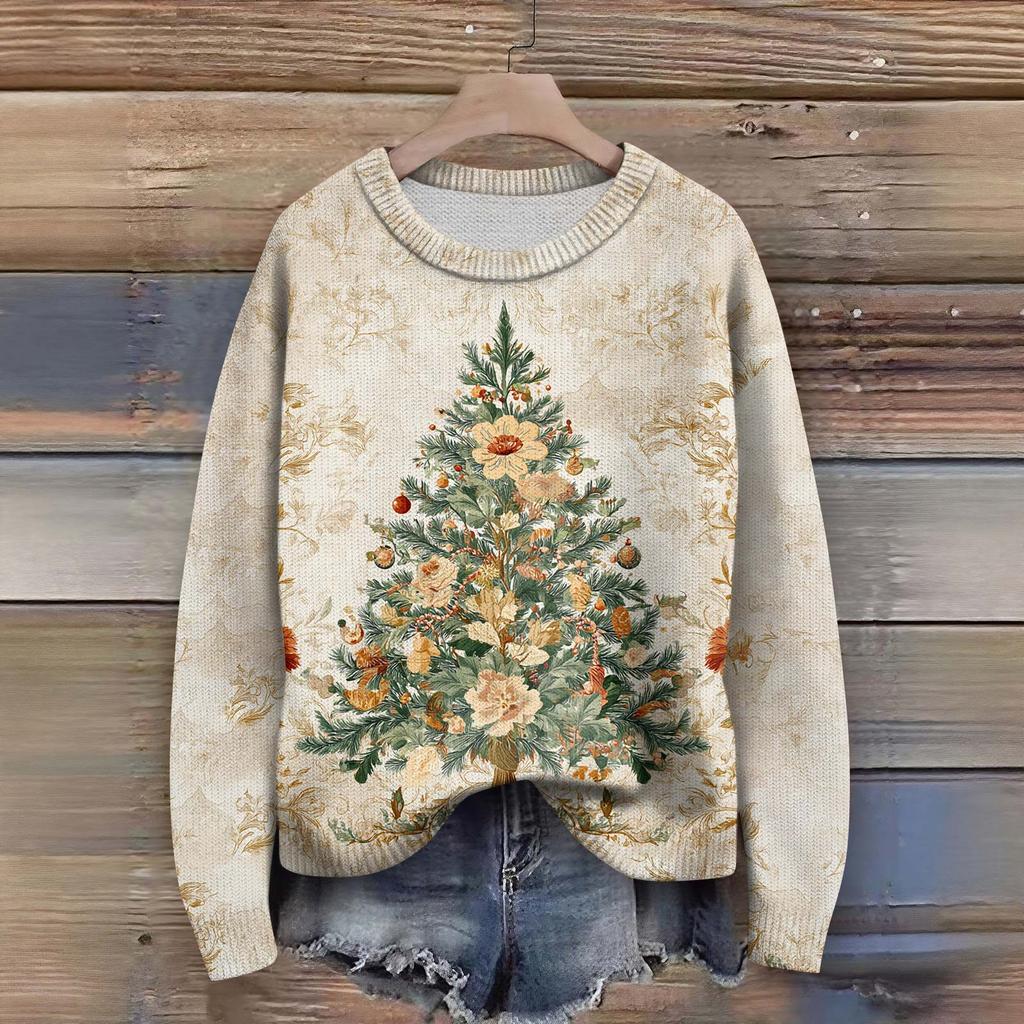 Long Sleeve Pullover Sweaters For Women O Neck Casual Cute Printing Knit Oversized Sweater