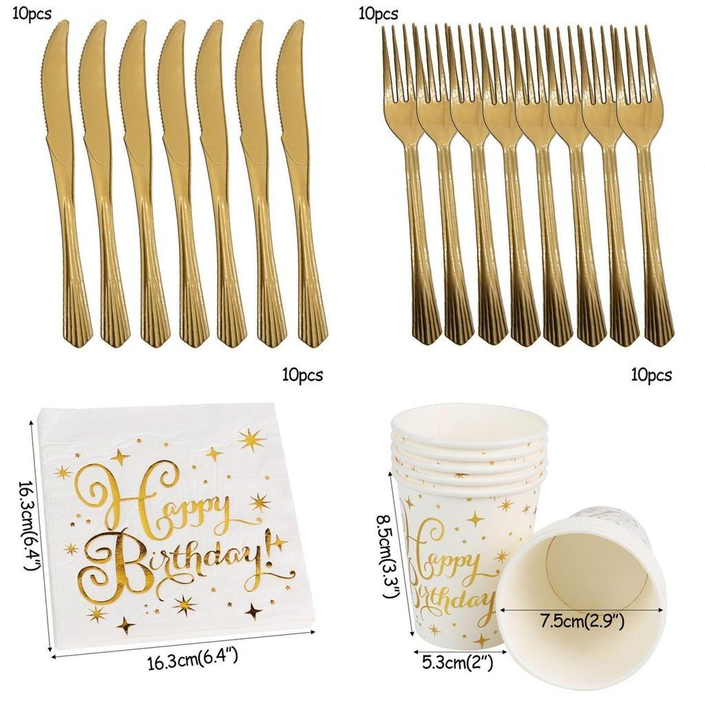 Charming Gold Polka Dot Stamping Happy Birthday Party Decor Supplies Disposable Tableware Bundle