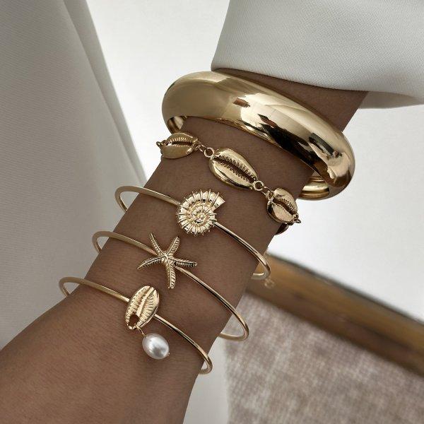 Bohemian Gold Color Shell Starfish Bracelet Set For Women Summer Beach Pearl Beaded Bangle Ocean Charm Jewelry Accessories